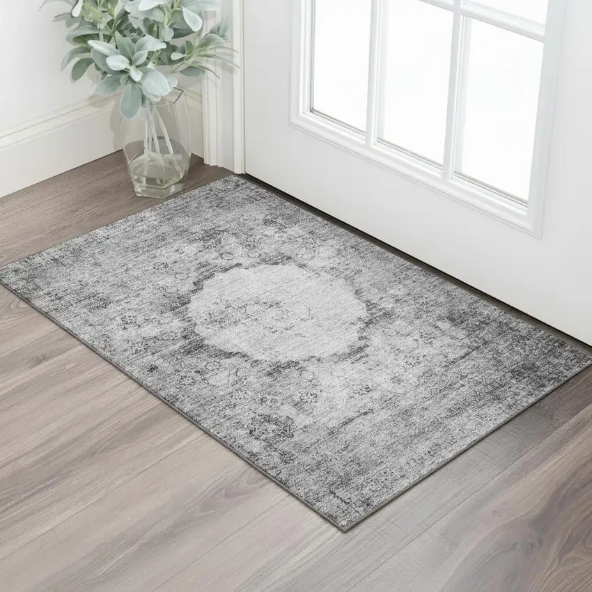 Gray And Silver Oriental Washable Area Rug With UV Protection Photo 1
