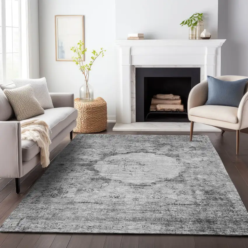 Gray And Silver Oriental Washable Area Rug With UV Protection Photo 4