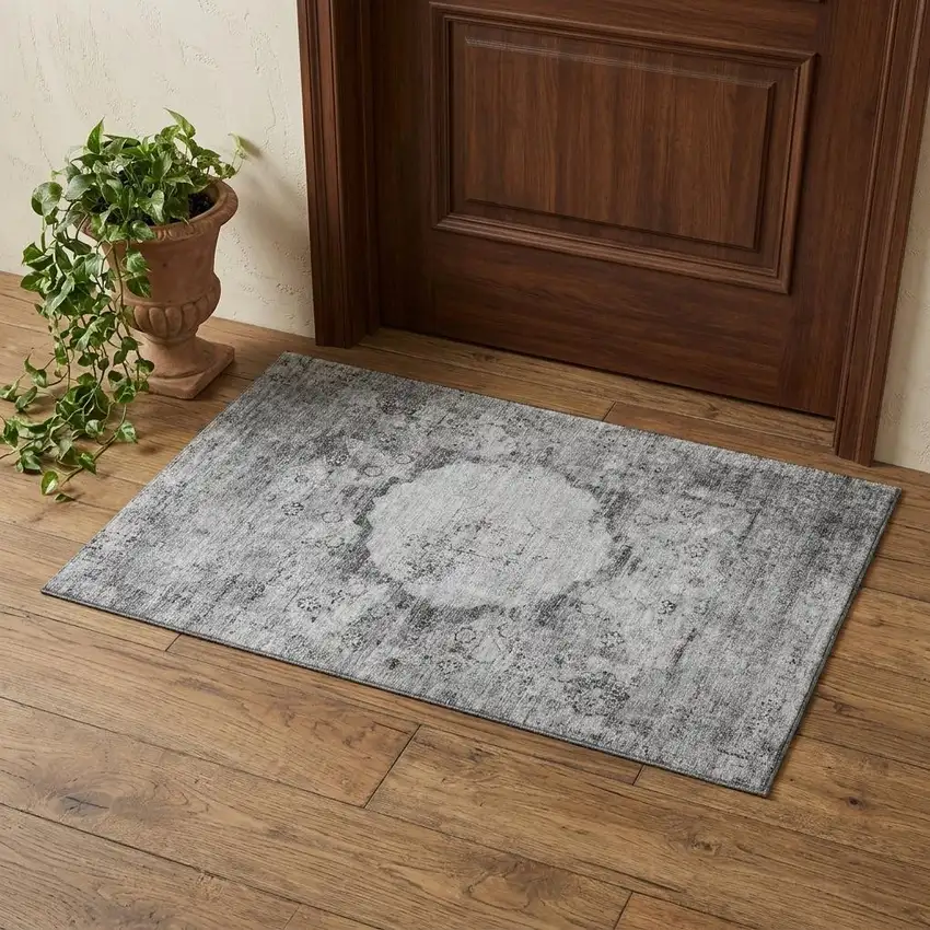 Gray And Silver Oriental Washable Area Rug With UV Protection Photo 1