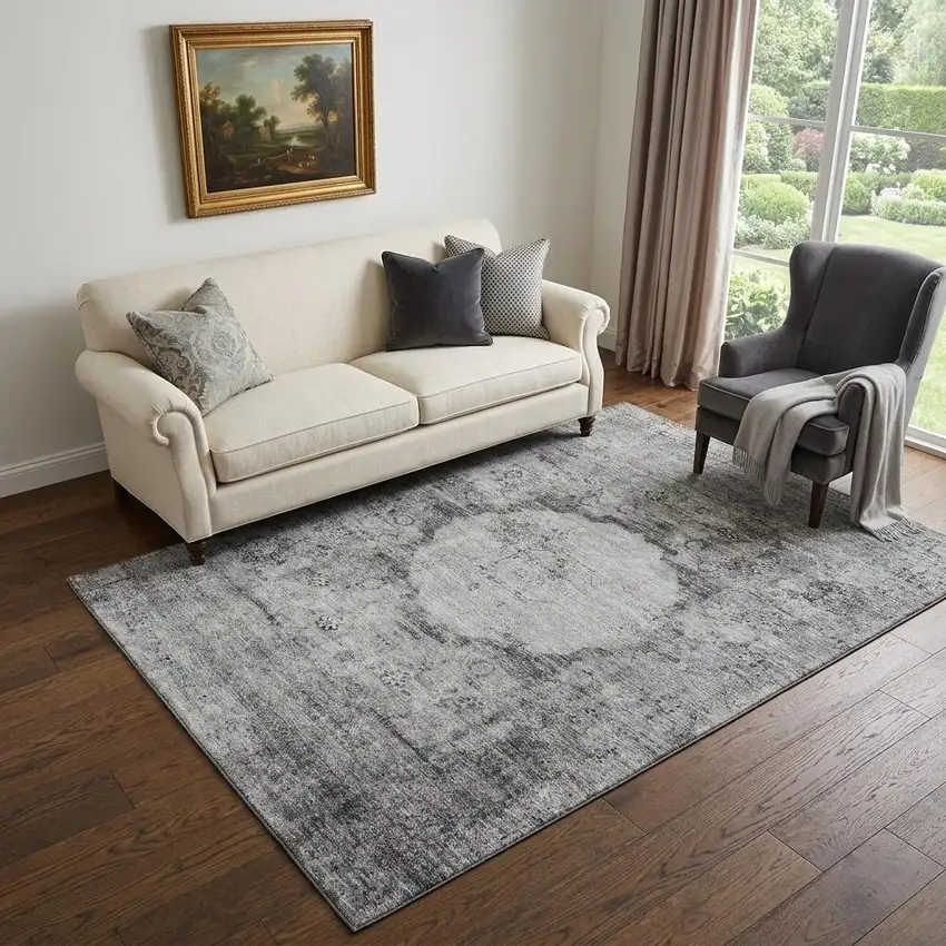 Gray And Silver Oriental Washable Area Rug With UV Protection Photo 1