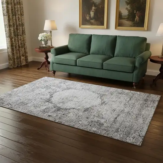 Gray And Silver Oriental Washable Area Rug With UV Protection Photo 1