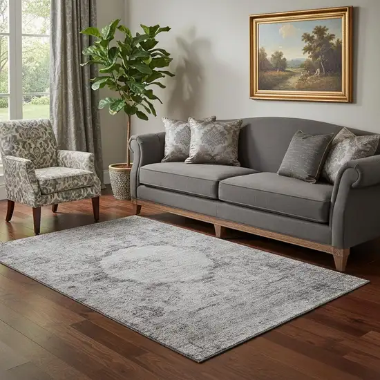Gray And Silver Oriental Washable Area Rug With UV Protection Photo 1