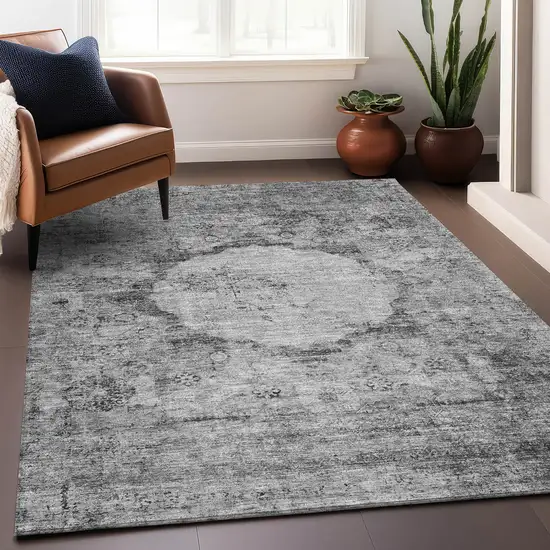Gray And Silver Oriental Washable Area Rug With UV Protection Photo 4