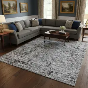 Photo of Gray And Silver Oriental Washable Area Rug With UV Protection