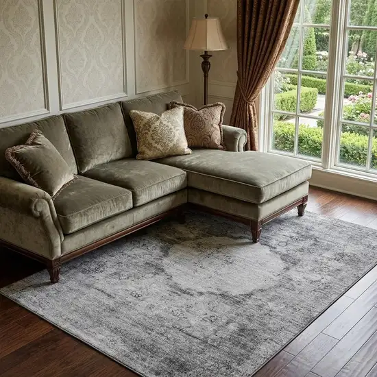 Gray And Silver Oriental Washable Area Rug With UV Protection Photo 1