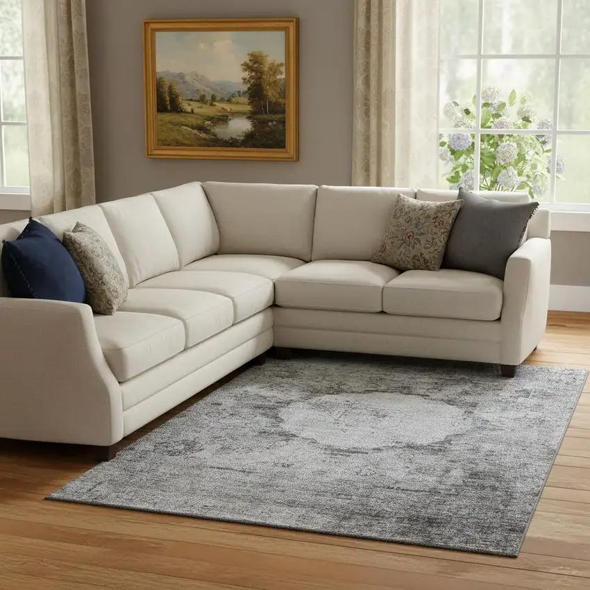 Gray And Silver Oriental Washable Area Rug With UV Protection Photo 1