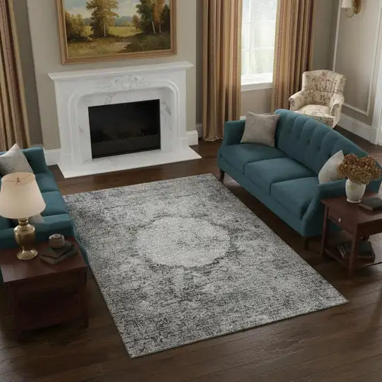 Gray And Silver Oriental Washable Area Rug With UV Protection Photo 1