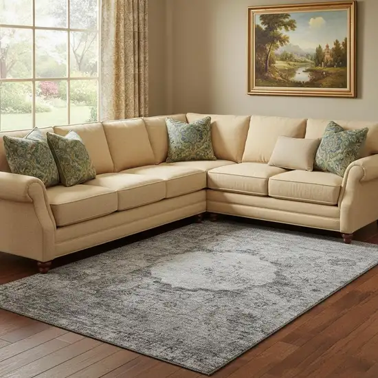 Gray And Silver Oriental Washable Area Rug With UV Protection Photo 1