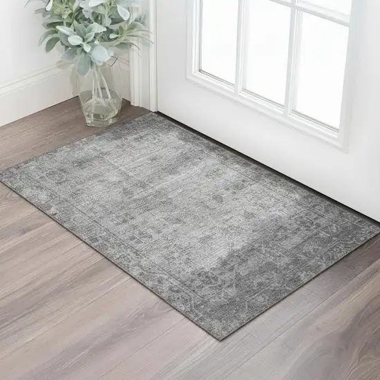 Gray And Silver Oriental Washable Area Rug With UV Protection Photo 2