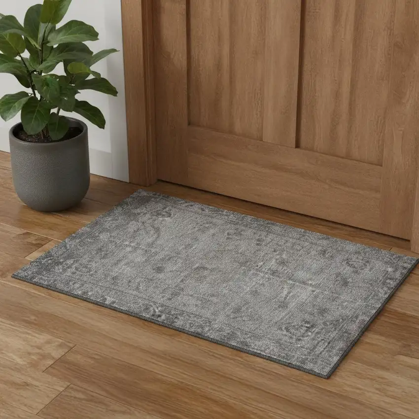 Gray And Silver Oriental Washable Area Rug With UV Protection Photo 1