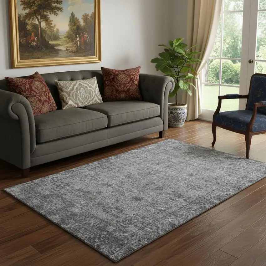 Gray And Silver Oriental Washable Area Rug With UV Protection Photo 2