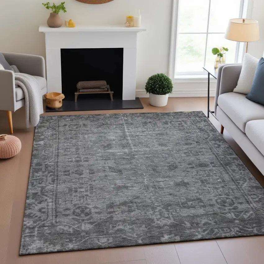 Gray And Silver Oriental Washable Area Rug With UV Protection Photo 4