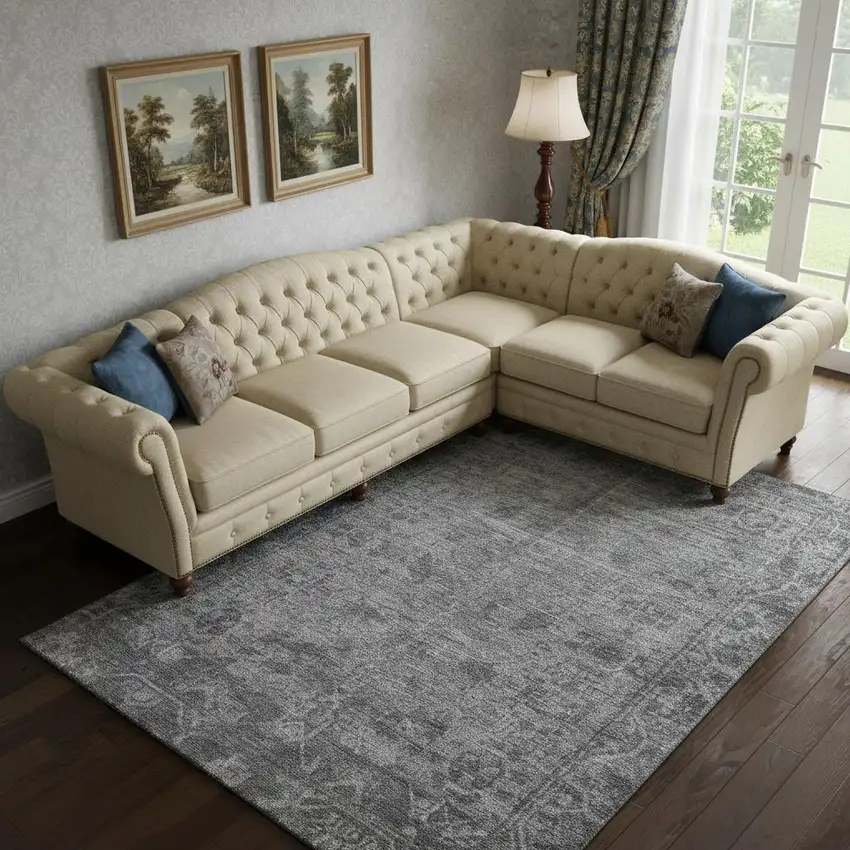 Gray And Silver Oriental Washable Area Rug With UV Protection Photo 2