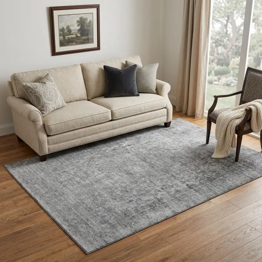 Gray And Silver Oriental Washable Area Rug With UV Protection Photo 1