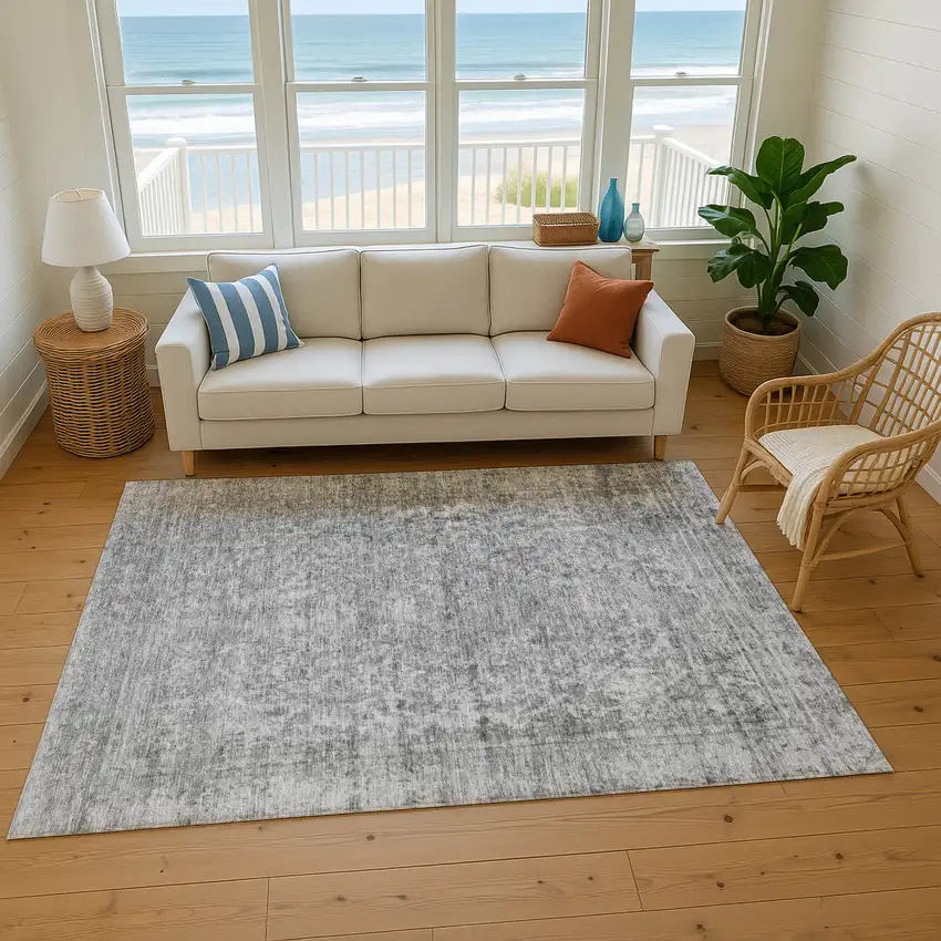 Gray And Silver Oriental Washable Area Rug With UV Protection Photo 4