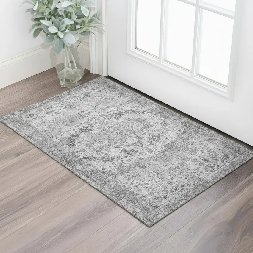 Gray And Silver Oriental Washable Area Rug With UV Protection Photo 2