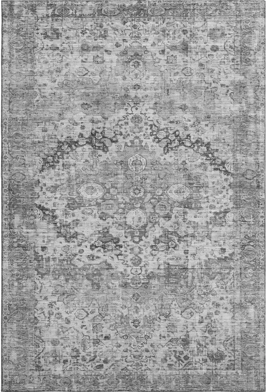 Gray And Silver Oriental Washable Area Rug With UV Protection Photo 1