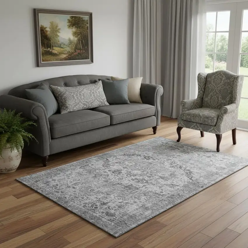 Gray And Silver Oriental Washable Area Rug With UV Protection Photo 2