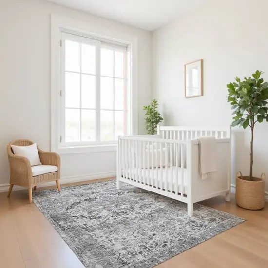 Gray And Silver Oriental Washable Area Rug With UV Protection Photo 5