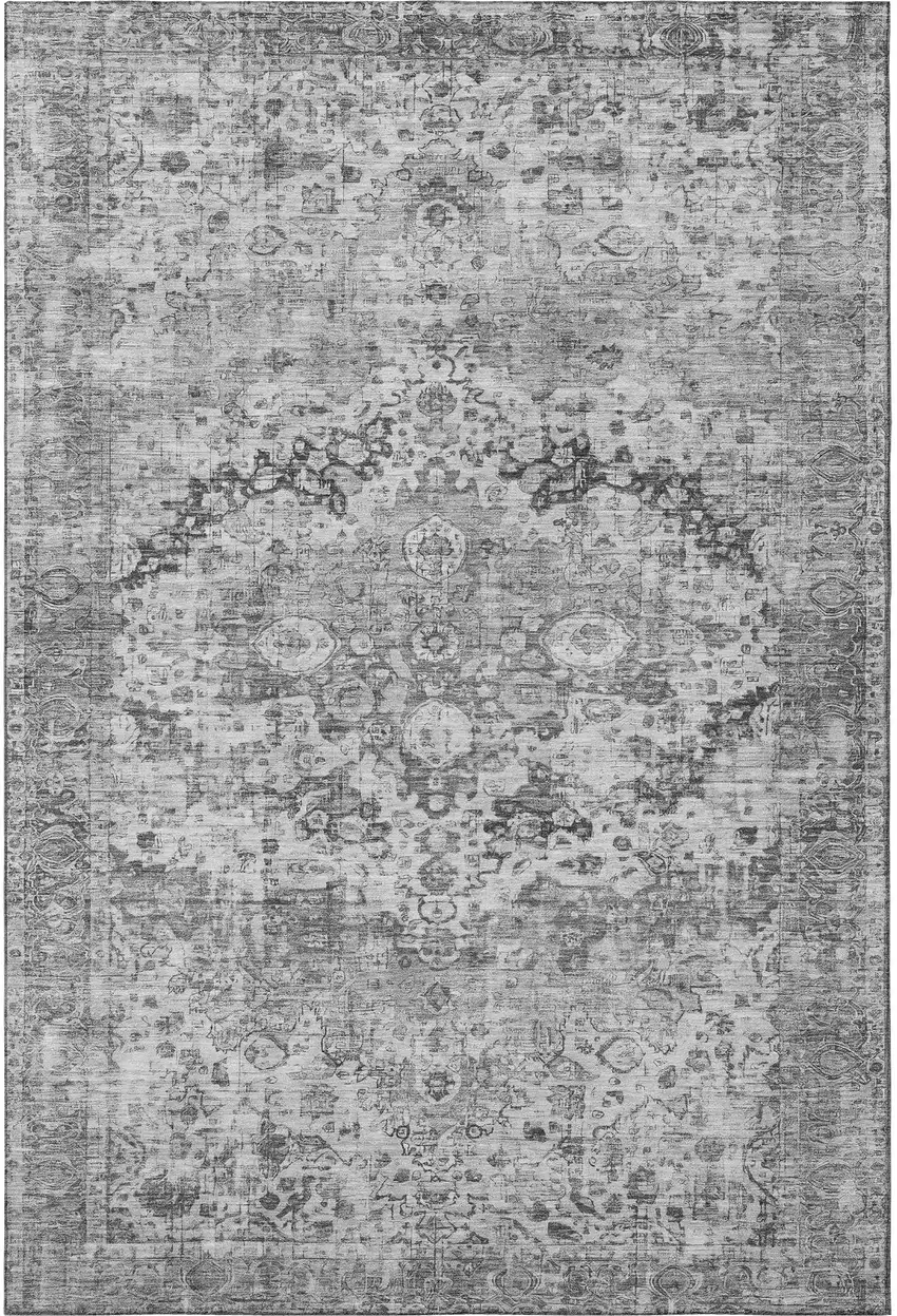 Gray And Silver Oriental Washable Area Rug With UV Protection Photo 4