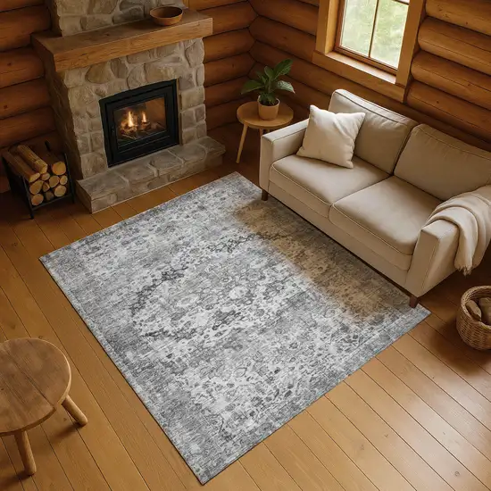 Gray And Silver Oriental Washable Area Rug With UV Protection Photo 4