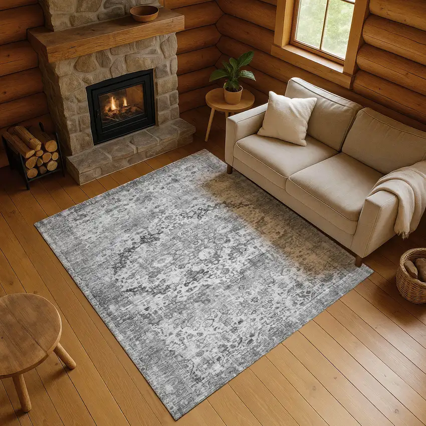 Gray And Silver Oriental Washable Area Rug With UV Protection Photo 4