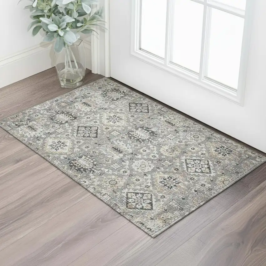Gray And Silver Oriental Washable Area Rug With UV Protection Photo 2
