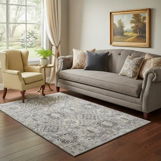 Gray And Silver Oriental Washable Area Rug With UV Protection Photo 2