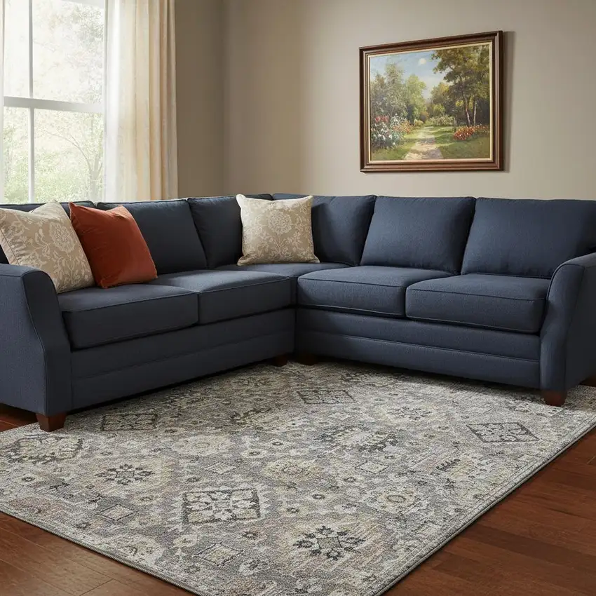 Gray And Silver Oriental Washable Area Rug With UV Protection Photo 2