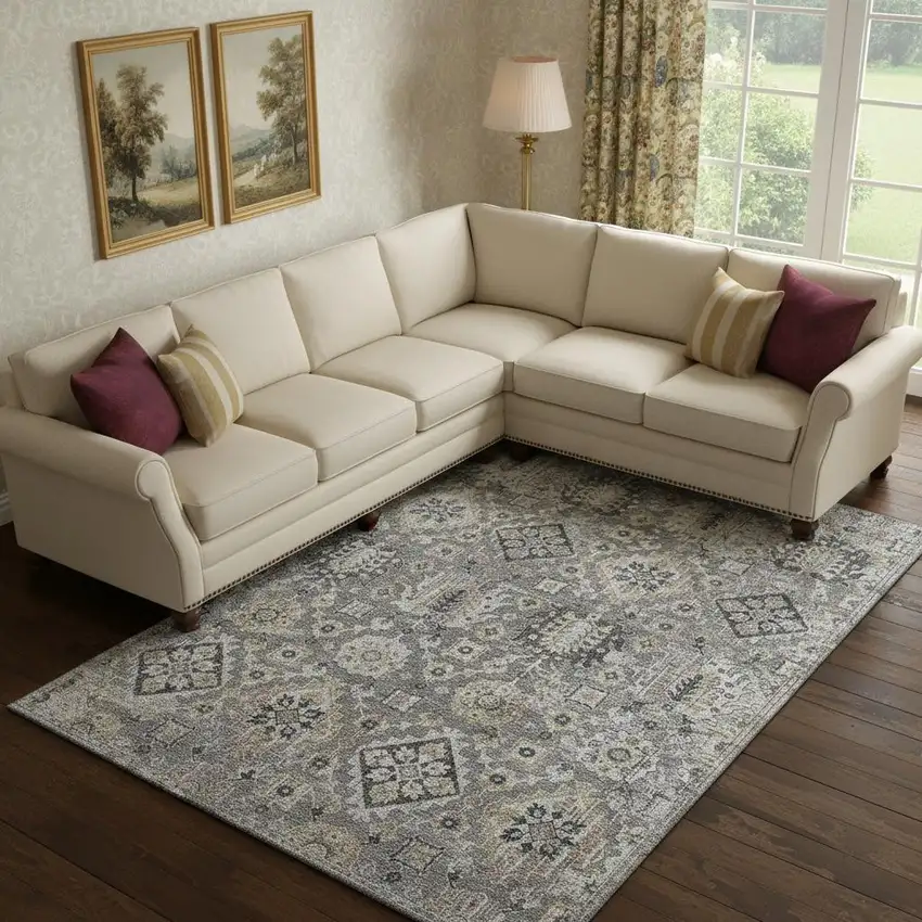 Gray And Silver Oriental Washable Area Rug With UV Protection Photo 2