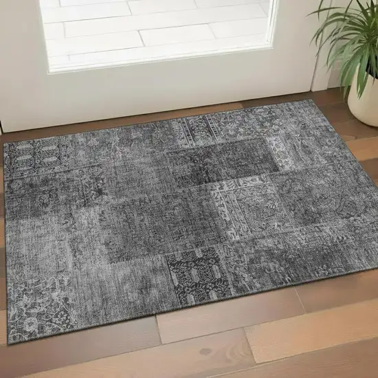 Gray And Silver Patchwork Washable Area Rug With UV Protection Photo 1