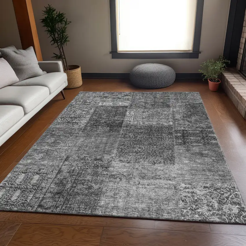 Gray And Silver Patchwork Washable Area Rug With UV Protection Photo 3