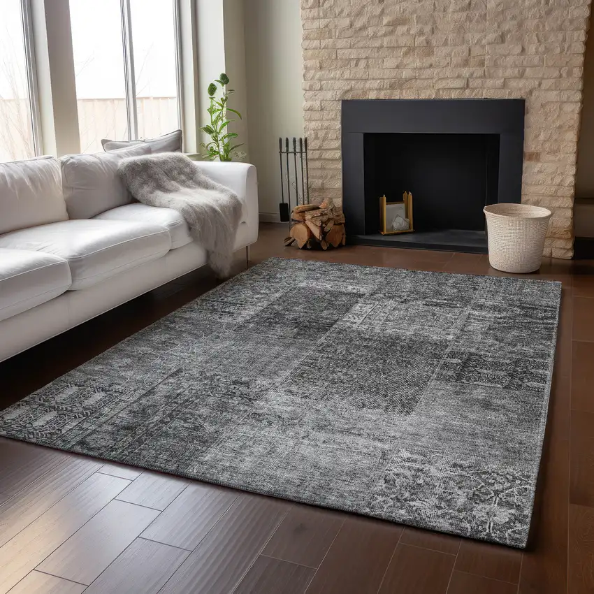 Gray And Silver Patchwork Washable Area Rug With UV Protection Photo 4