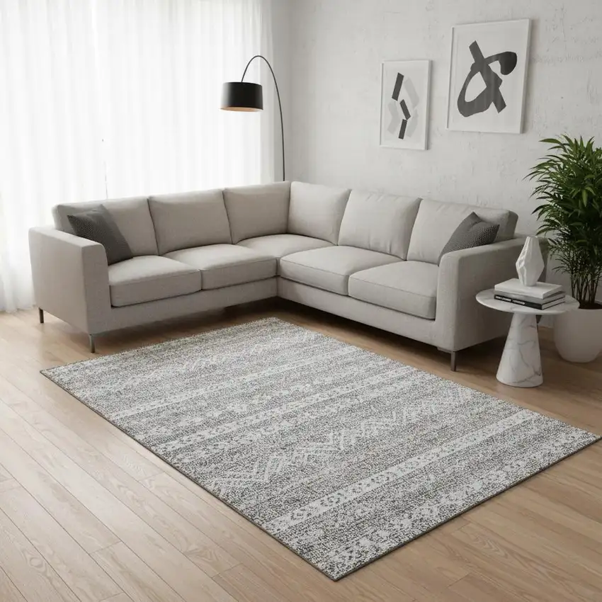 Gray And Silver Southwestern Washable Area Rug With UV Protection Photo 2