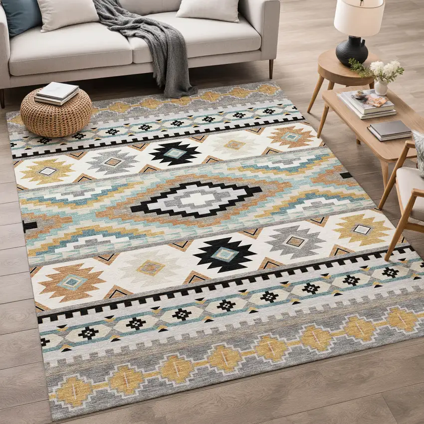 Gray And Silver Southwestern Washable Indoor Outdoor Area Rug Photo 5