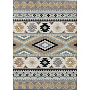 Photo of Gray And Silver Southwestern Washable Indoor Outdoor Area Rug