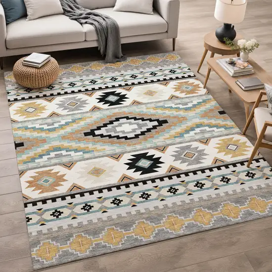 Gray And Silver Southwestern Washable Indoor Outdoor Area Rug Photo 5