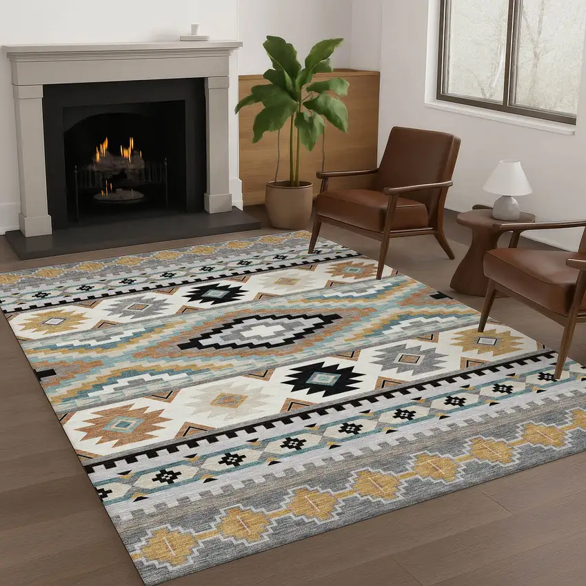 Gray And Silver Southwestern Washable Indoor Outdoor Area Rug Photo 6