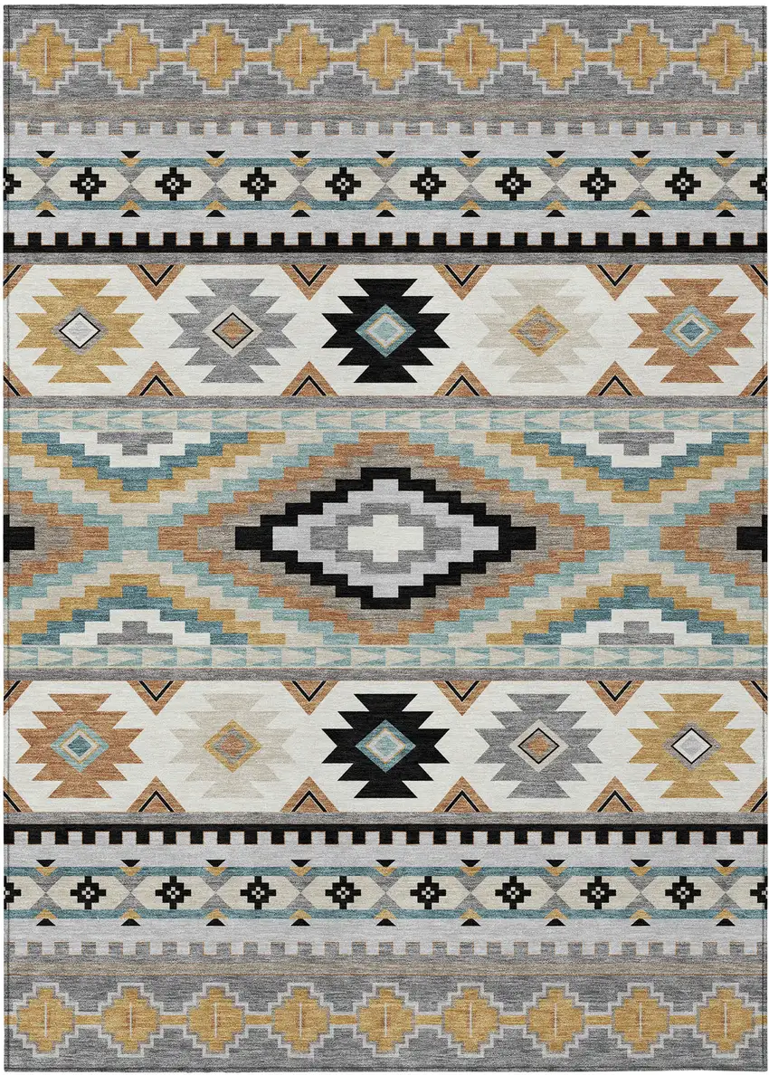 Gray And Silver Southwestern Washable Indoor Outdoor Area Rug Photo 1