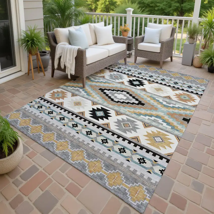 Gray And Silver Southwestern Washable Indoor Outdoor Area Rug Photo 4