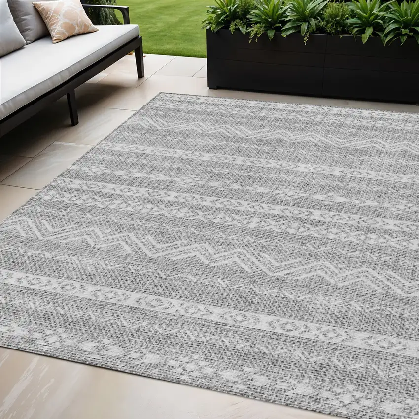 Gray And Silver Southwestern Washable Indoor Outdoor Area Rug Photo 1
