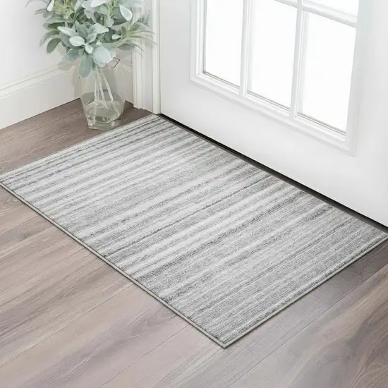 Gray And Silver Striped Washable Area Rug With UV Protection Photo 1