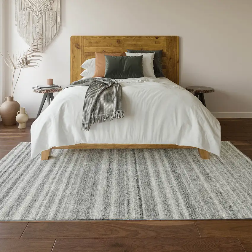 Gray And Silver Striped Washable Area Rug With UV Protection Photo 5