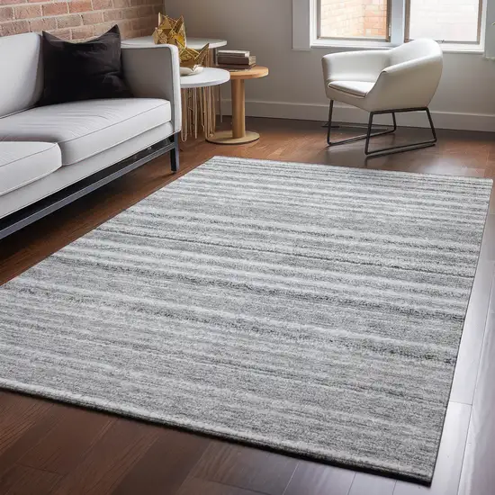 Gray And Silver Striped Washable Area Rug With UV Protection Photo 5
