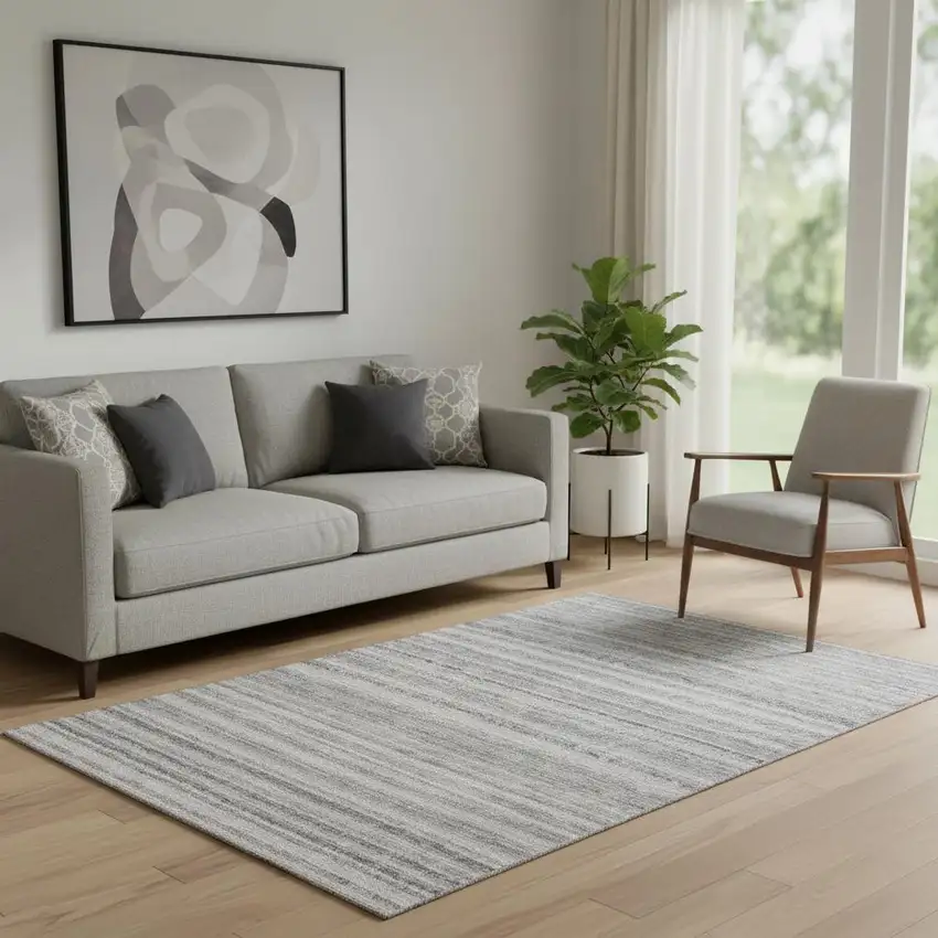 Gray And Silver Striped Washable Area Rug With UV Protection Photo 2