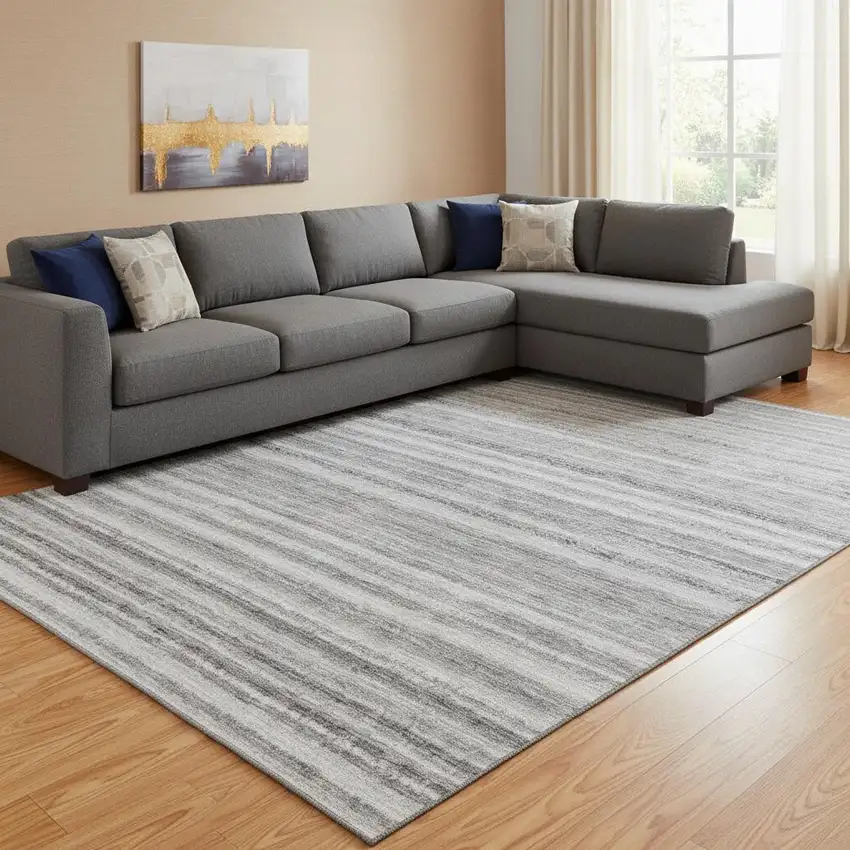 Gray And Silver Striped Washable Area Rug With UV Protection Photo 1