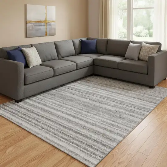 Gray And Silver Striped Washable Area Rug With UV Protection Photo 1