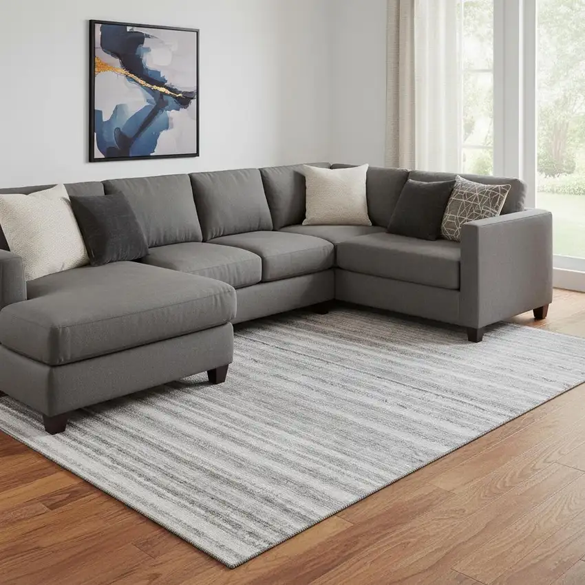 Gray And Silver Striped Washable Area Rug With UV Protection Photo 1