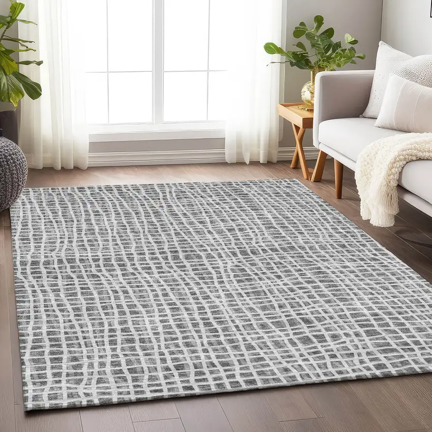 Gray And Silver Striped Washable Area Rug With UV Protection Photo 5