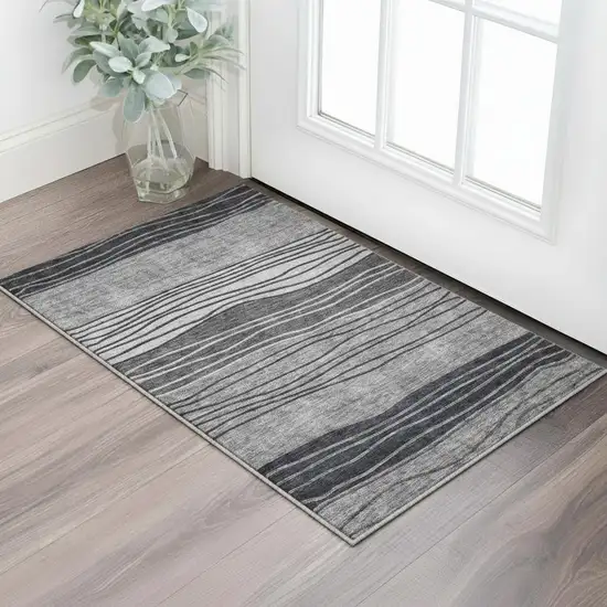 Gray And Silver Striped Washable Area Rug With UV Protection Photo 2